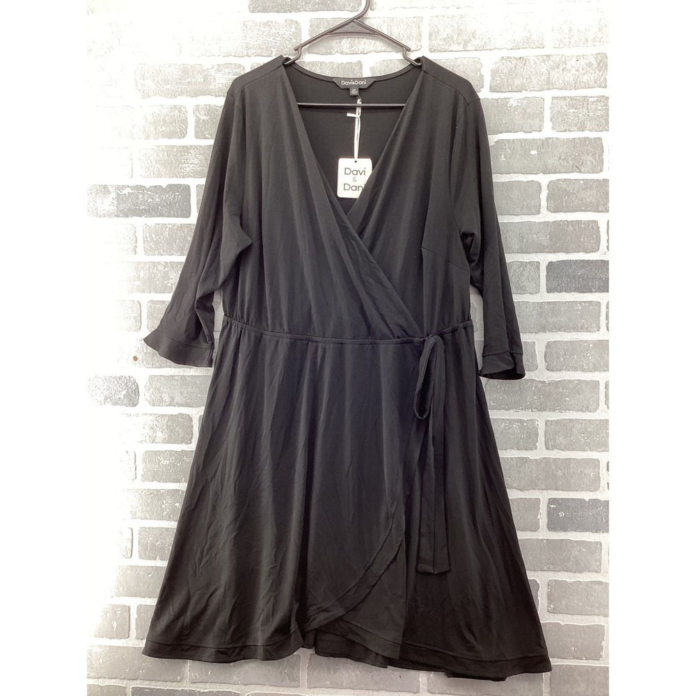 Davi & Dani Black Faux Wrap Dress Womens 2XL 3/4 Sleeve Ruffle‎ Cuff V-Neck